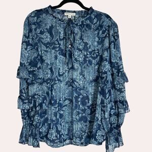 Frye and Co Floral Print Ruffle Sheer Metallic Thread Boho Pheasant Blouse (XL)